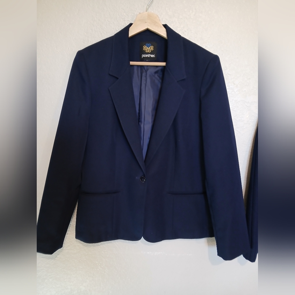 Panther 2 Piece Navy Blue Blazer Jacket & Matching Skirt Suit Set Skirtsuit XS - Picture 2 of 8